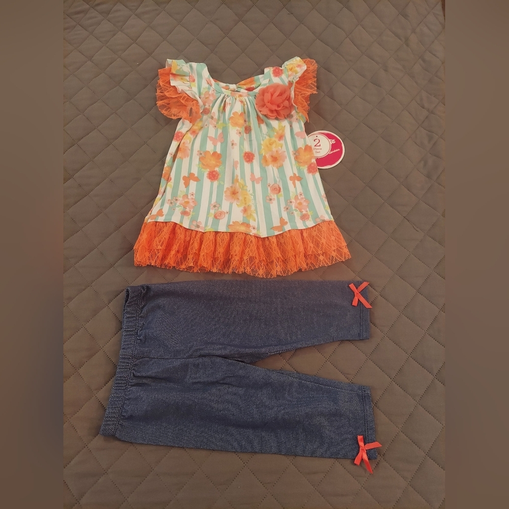 Floral Striped Kids Capri Set with Orange Accents